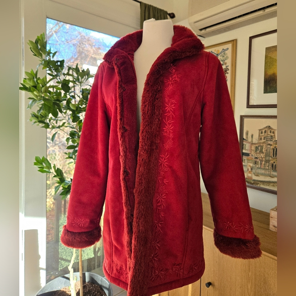 Vintage L.L.Bean Faux Suede Penny Lane Coat – Red Boho Y2K Revival, Size M